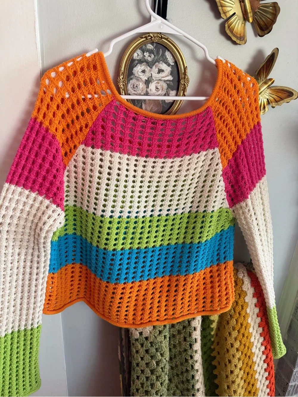 wild fable Orange, Hot Pink, Cream & Lime Open-Knit Stripe Sweater